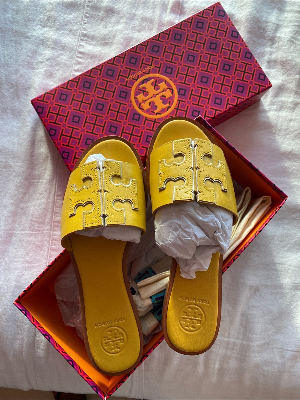 Tory Burch Calf Leather Gold Ines Slide Sandals Like New in Box